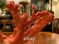 A Stunning Large Chinese Coral Carved Figural Group with Rosewood Stand
