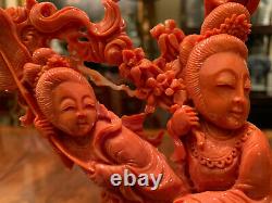 A Stunning Large Chinese Coral Carved Figural Group with Rosewood Stand
