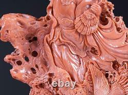 A Stunning Large Chinese Coral Guanyin with Phoenix, Pine Tree and Cloud