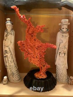 A Stunning Large Chinese Coral Guanyin with Phoenix, Pine Tree and Cloud