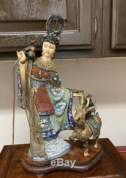 A Superb Large Old Chinese Gilt Bronze Enamel cloisonne Magu Figure Statue