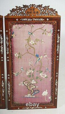 A large pair of embroidered silk panels, mother of pearl frames. Qing dynasty