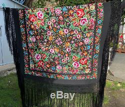 Amazing emboidered large double sided piano shawl 54 inches with 22 inch fringe