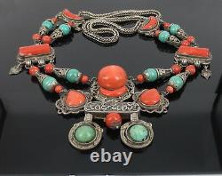 Ancient Tibetan Chinese Natural Coral Turquoise Large Hand Made Silver Necklace