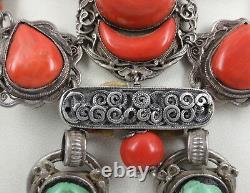 Ancient Tibetan Chinese Natural Coral Turquoise Large Hand Made Silver Necklace