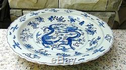 Antique19c Chinese Large Blue&white Porcelain Dragons Fighting For Pearl Charger