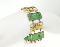 Antique 14k Solid Gold Chinese Large Hand Carved Jade WIDE Link Bracelet