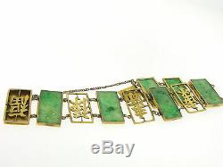 Antique 14k Solid Gold Chinese Large Hand Carved Jade WIDE Link Bracelet