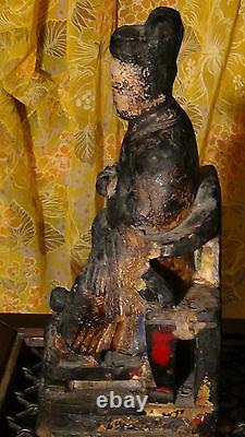 Antique 17c Chinese Wood Hand Carved Temple Ancestor Large Statue, Rare