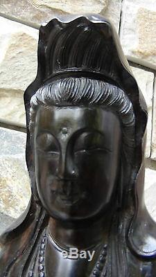 Antique 18c Chinese Large Ebony Wood Hand Carved Quan-yin Statue