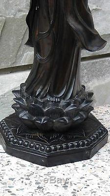 Antique 18c Chinese Large Ebony Wood Hand Carved Quan-yin Statue