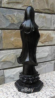 Antique 18c Chinese Large Ebony Wood Hand Carved Quan-yin Statue