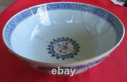 Antique 18th C Large Chinese Export Bowl with extensive old stapled repairs a/f