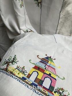 Antique 1920s Linen Large Hand Cross Stitch Chinese Buildings Tablecloth