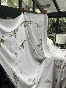 Antique 1920s Linen Large Hand Cross Stitch Chinese Buildings Tablecloth