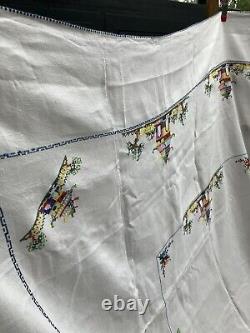 Antique 1920s Linen Large Hand Cross Stitch Chinese Buildings Tablecloth