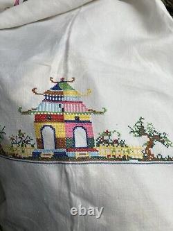 Antique 1920s Linen Large Hand Cross Stitch Chinese Buildings Tablecloth