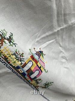 Antique 1920s Linen Large Hand Cross Stitch Chinese Buildings Tablecloth