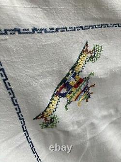 Antique 1920s Linen Large Hand Cross Stitch Chinese Buildings Tablecloth