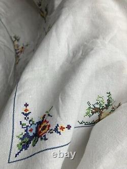 Antique 1920s Linen Large Hand Cross Stitch Chinese Buildings Tablecloth