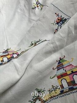 Antique 1920s Linen Large Hand Cross Stitch Chinese Buildings Tablecloth