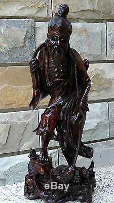 Antique 19c Chinese Large Rosewood Hand Carved Statue Of Fisherman