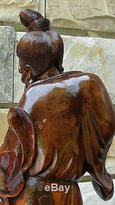 Antique 19c Chinese Large Rosewood Hand Carved Statue Of Fisherman