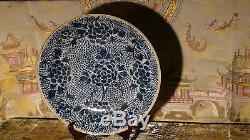 Antique 19c Chinese Porcelain Blue Flowers Large Serving Bowl, Charger 16diam
