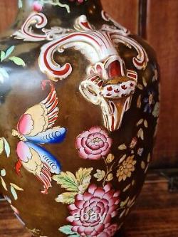 Antique 19th C Chinese Ceramic Large Hand Painted Vase, Ram's Head, Old Staple