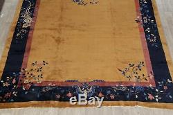 Antique Art-Deco Nichols Chinese Area Rug Dark Gold Floral Hand-made Large 10x17