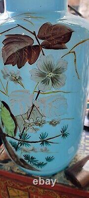 Antique Art Nouveau Large Blue Opaline Vase with a Bird And White Flowers-shaped