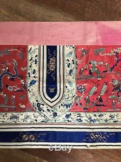 Antique C19th Lrg Chinese Embroidered Silk Banner Textiles Wedding Wall Hanging