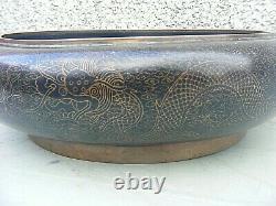 Antique Chinese Cloisonne Bowl Dragon Signed 4 Character Mark Large