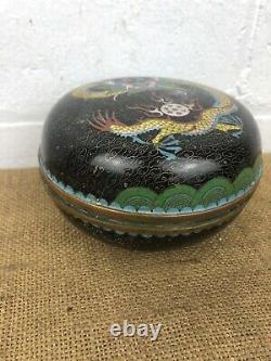 Antique Chinese Cloisonne Large Round Lidded Box 5 Clawed Imperial Dragon