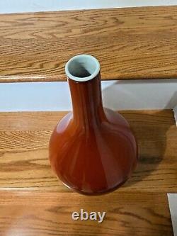 Antique Chinese Coral Red Porcelain Large Vase 15 Inch Qianlong Mark