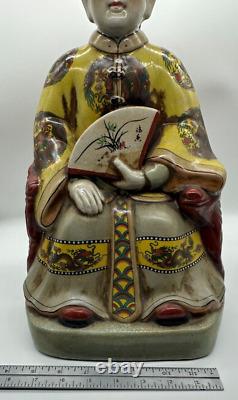 Antique Chinese Emperor Porcelain Seated Statue Large 16 Tall Asian Figurine