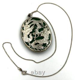Antique Chinese Ex Large Jadeite Pendant 925 Silver Dragon & Pearl Mount & Chain