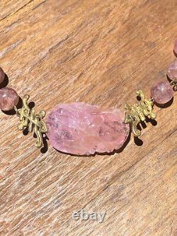 Antique Chinese Export Large Carved Pink Tourmaline Necklace Gold Gilt Silver