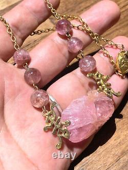 Antique Chinese Export Large Carved Pink Tourmaline Necklace Gold Gilt Silver