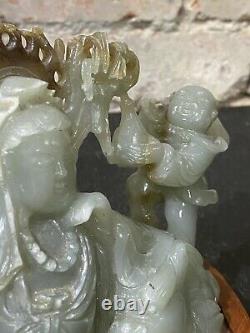 Antique Chinese Jade Reclining Buddha Quanyin And Child Rare Large Great Carving