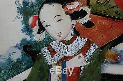 Antique Chinese Japanese Reverse Painting On Glass-Lovely Asian Woman-Large