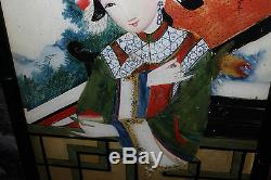 Antique Chinese Japanese Reverse Painting On Glass-Lovely Asian Woman-Large