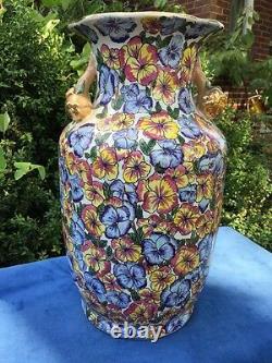 Antique Chinese LARGE Vase PANSY FLORAL CLOISONNE Gold Pear Handle Rose Famille