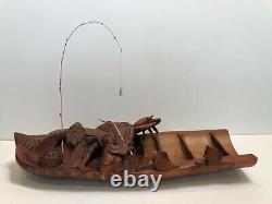 Antique Chinese Large Bamboo Root Hand Carved Boat Fishing Scene, 22 Long, 5 H