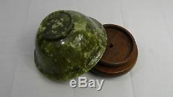 Antique Chinese Large Beautiful Spinach Jade 7 Diam Bowl On Carved Stand