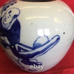 Antique Chinese Large Blue And White Ginger Jar Men With Flowers Height 19cm