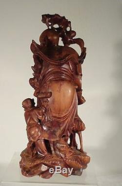 Antique Chinese Large Boxwood Huali Carved Shou Figure Glass Eyes Deer