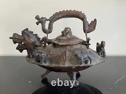 Antique Chinese Large Footed Bronze Dragon Spout Teapot Kettle Decorated with An