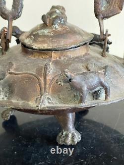 Antique Chinese Large Footed Bronze Dragon Spout Teapot Kettle Decorated with An