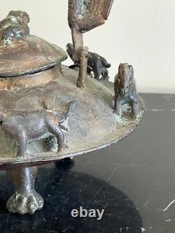 Antique Chinese Large Footed Bronze Dragon Spout Teapot Kettle Decorated with An